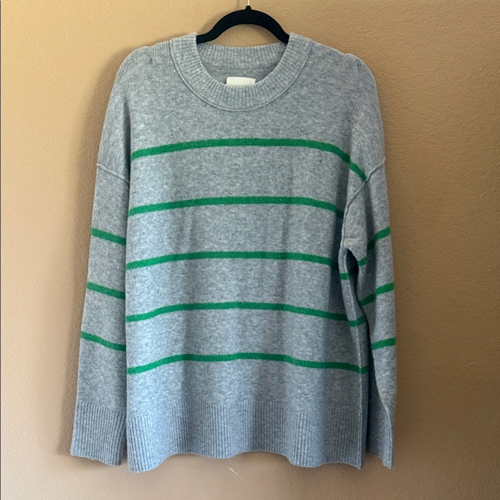 Aerie Heather Gray Crewneck Sweater with Green Stripes